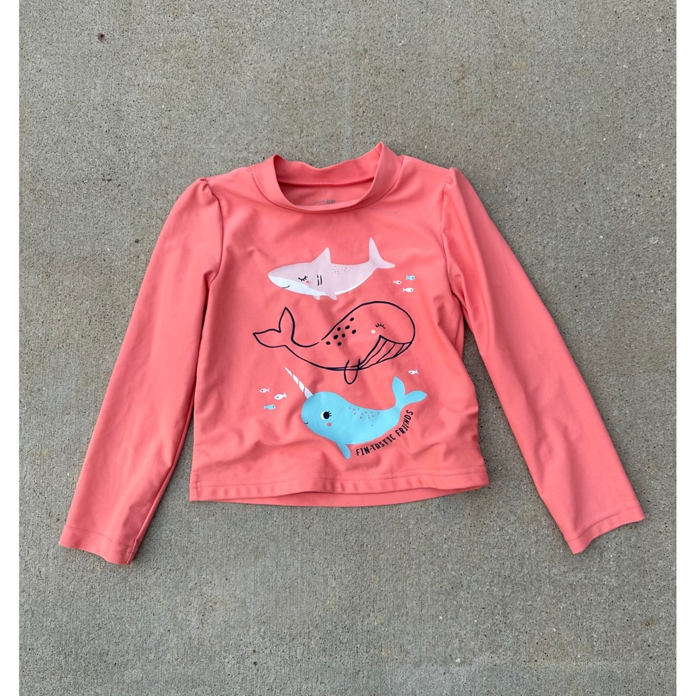 Simple Joys by Carters Girls 5T Rash Guard Coral Pink Narwhal Whale Shark Swim